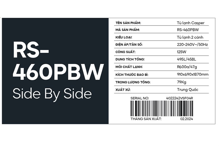 Tủ Lạnh Casper Inverter EcoFresh 458 Lít Side By Side RS-460PBW - Giá Tốt